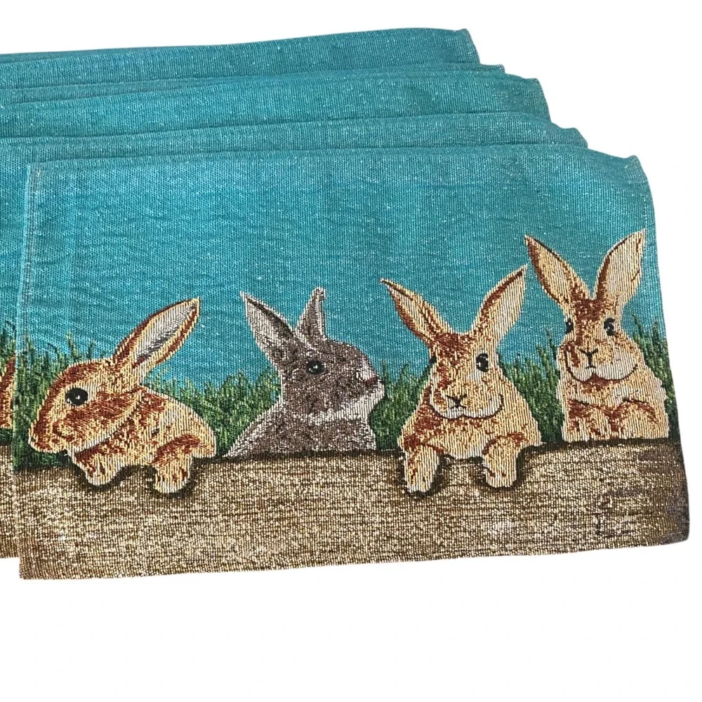 Set of 6 Woven Tapestry Bunny Rabbit Placemats Teal Rustic Easter‎ Spring Decor